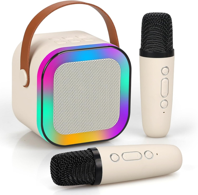 Karaoke Machine Mini Set - Multicolor LED Speaker With Two Wireless Microphones - Mellow Monkey