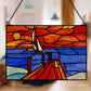 Sailboat Orange & Blue Stained Glass Window Panel - 14-in - Mellow Monkey