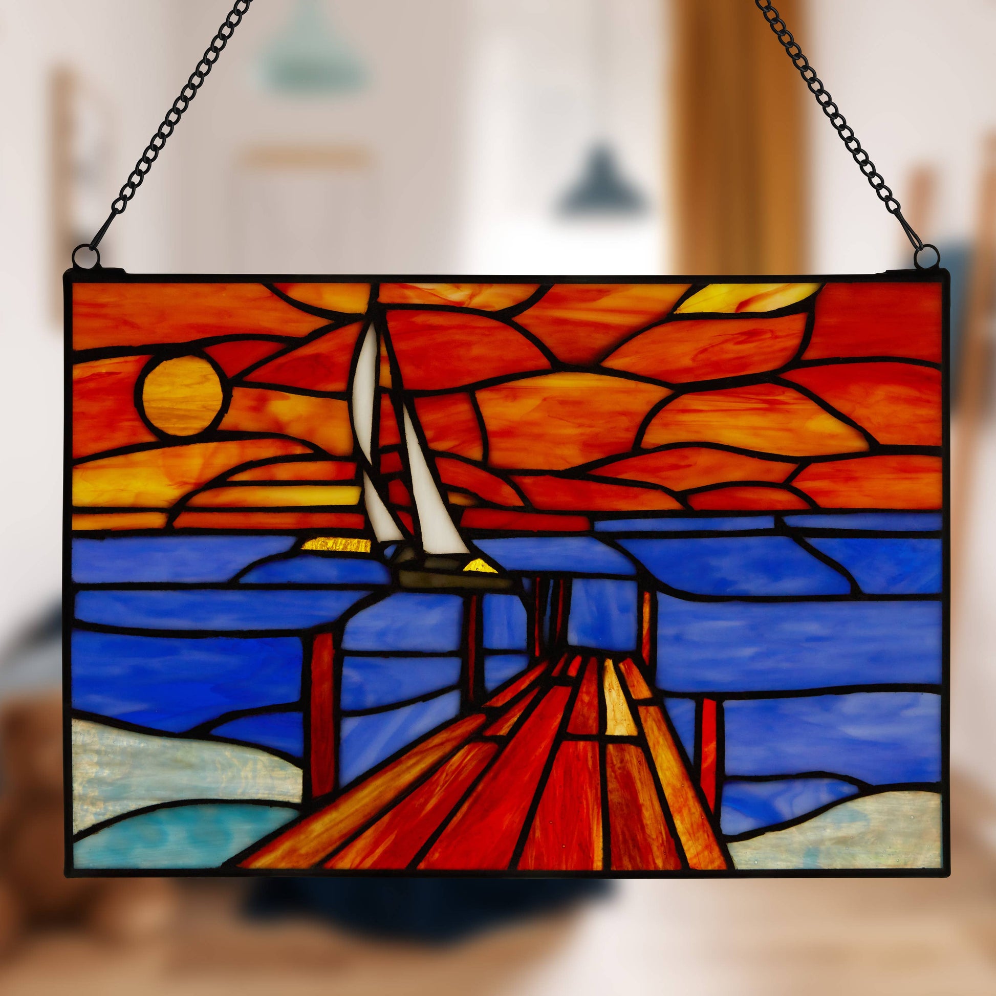 Sailboat Orange & Blue Stained Glass Window Panel - 14-in - Mellow Monkey