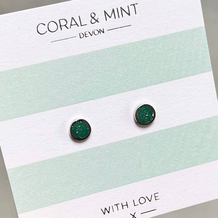 Coral and Mint- Emerald Glitter Enamel Studs - Mellow Monkey