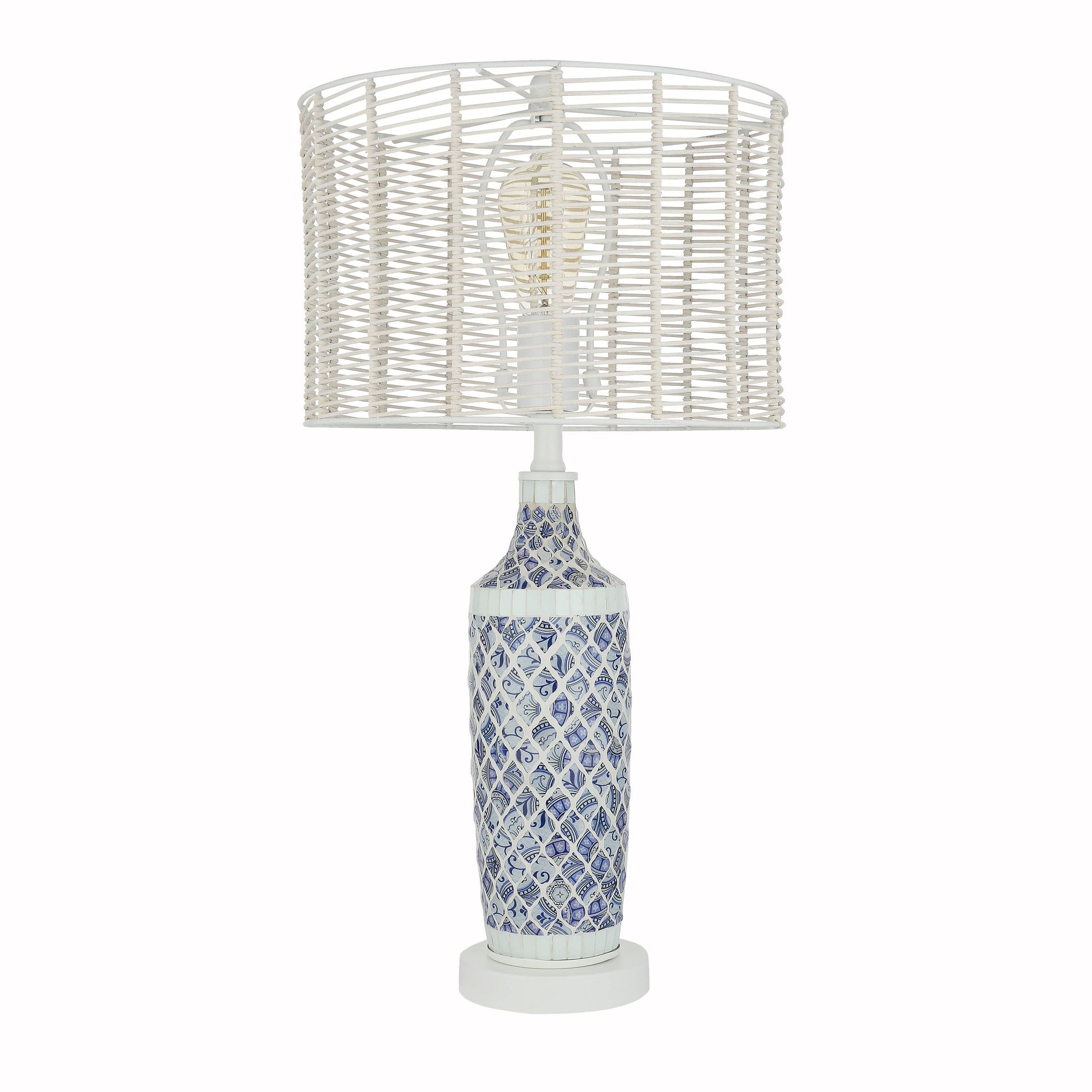 Nantucket Blue-White Mosaic & Rattan Table Lamp - 25-in - Mellow Monkey