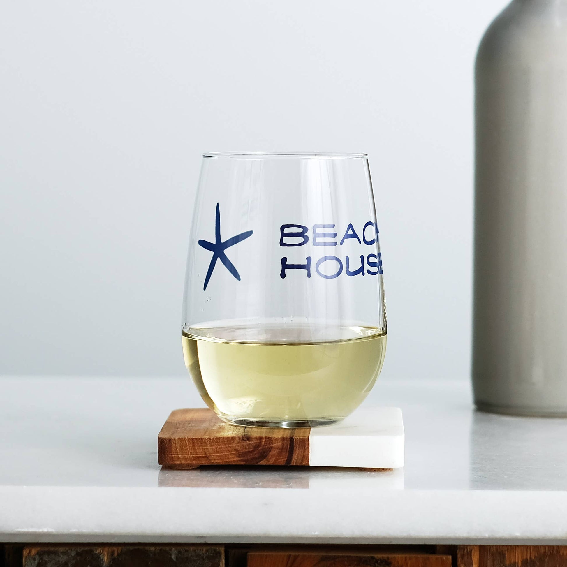 Beach House Stemless Wine Glass - Navy Starfish - Mellow Monkey
