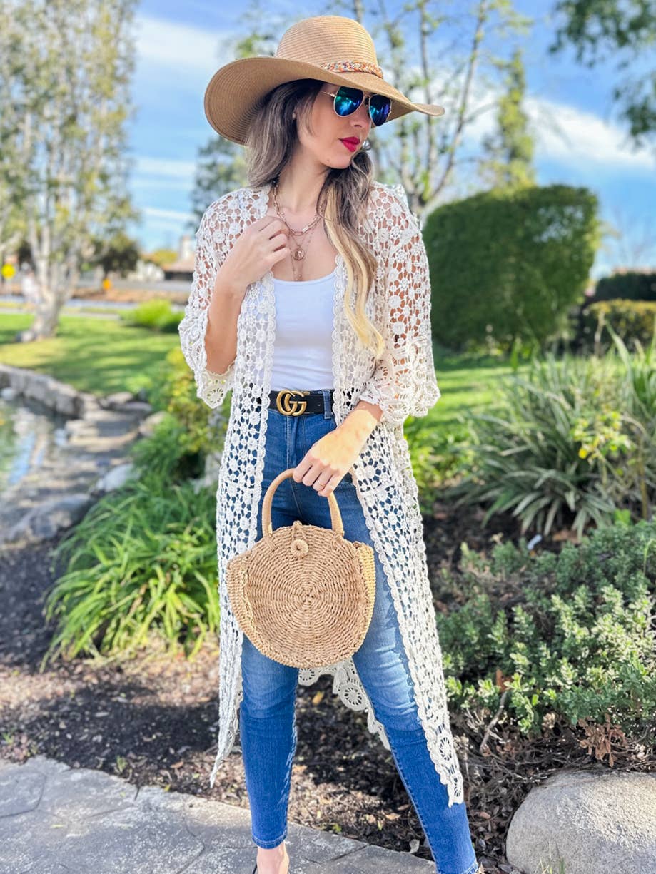 Ivory Floral Printed Crochet Maxi Kimono Cardigan - Mellow Monkey
