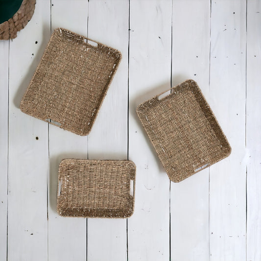 Decorative Hand-Woven Seagrass & Metal Tray with Handles - Mellow Monkey