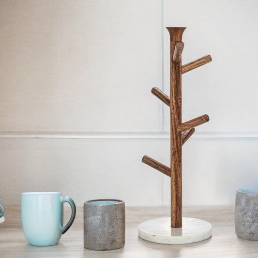 Mango Wood & Marble Mug Rack - 17-in - Mellow Monkey