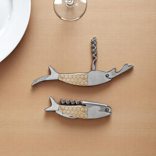 Fish Shaped Bottle Opener & Corkscrew - Oak Wood & Stainless Steel - Mellow Monkey