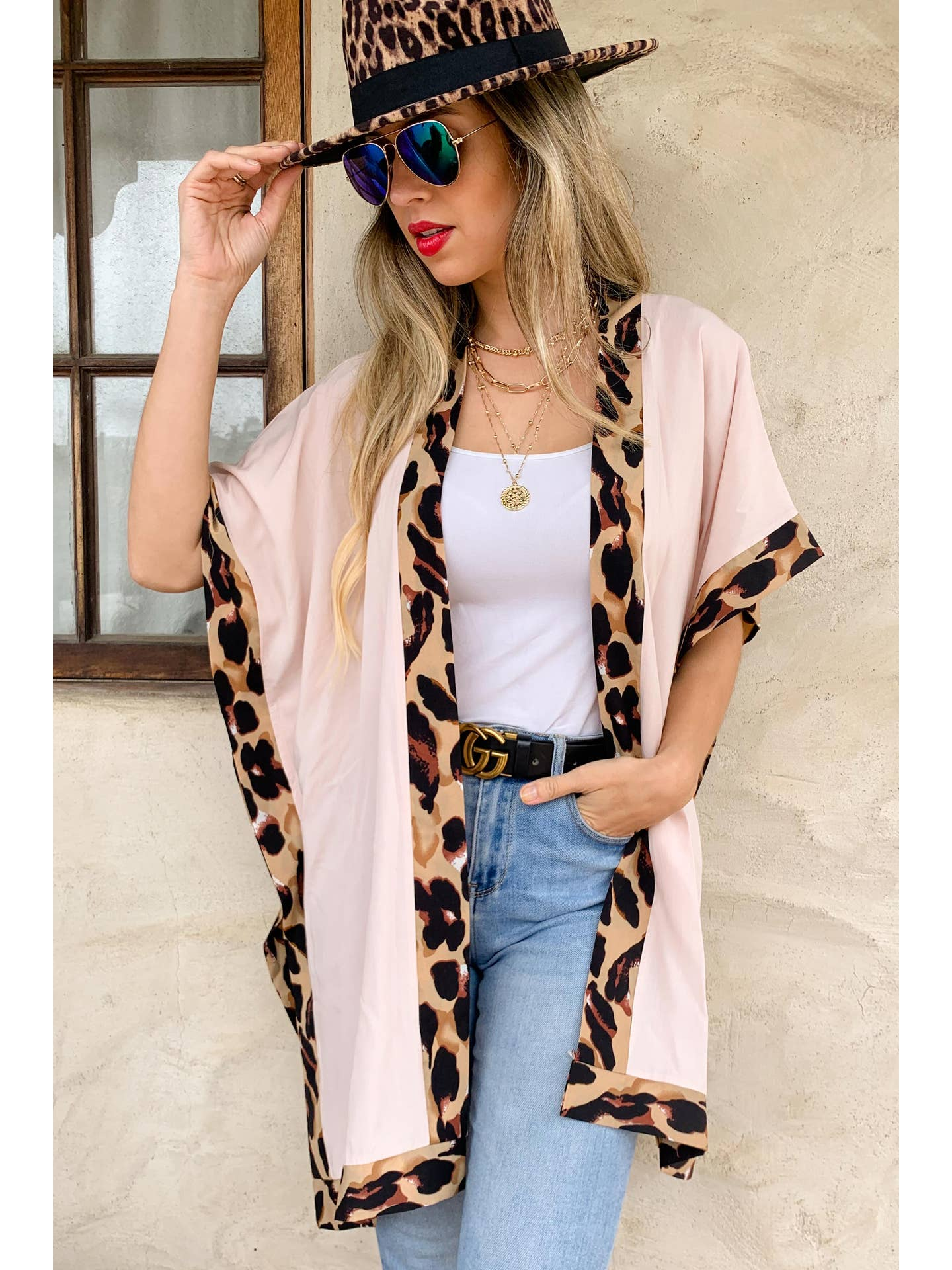Solid Leopard Trim Detail Kimono Cardigan - Mellow Monkey