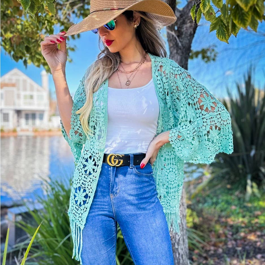 Floral Crochet with Tassel Kimono - 3/4 Sleeve - Mellow Monkey