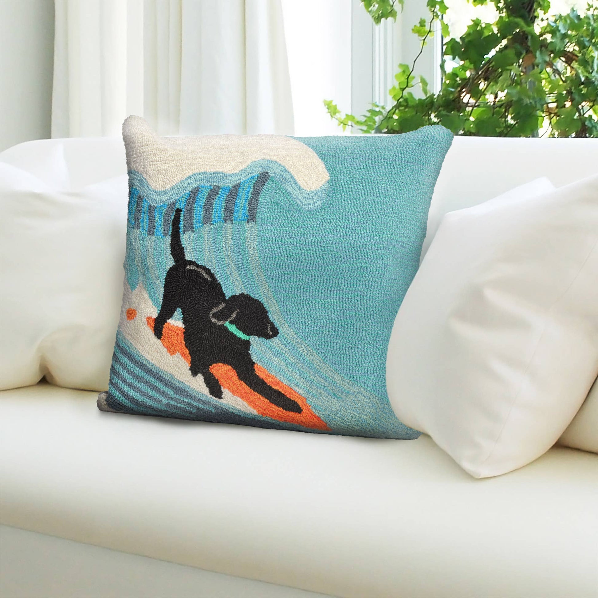 Frontporch Surfing Dog - Indoor/Outdoor Hand Hooked Pillow - Ocean - 18-in - Mellow Monkey
