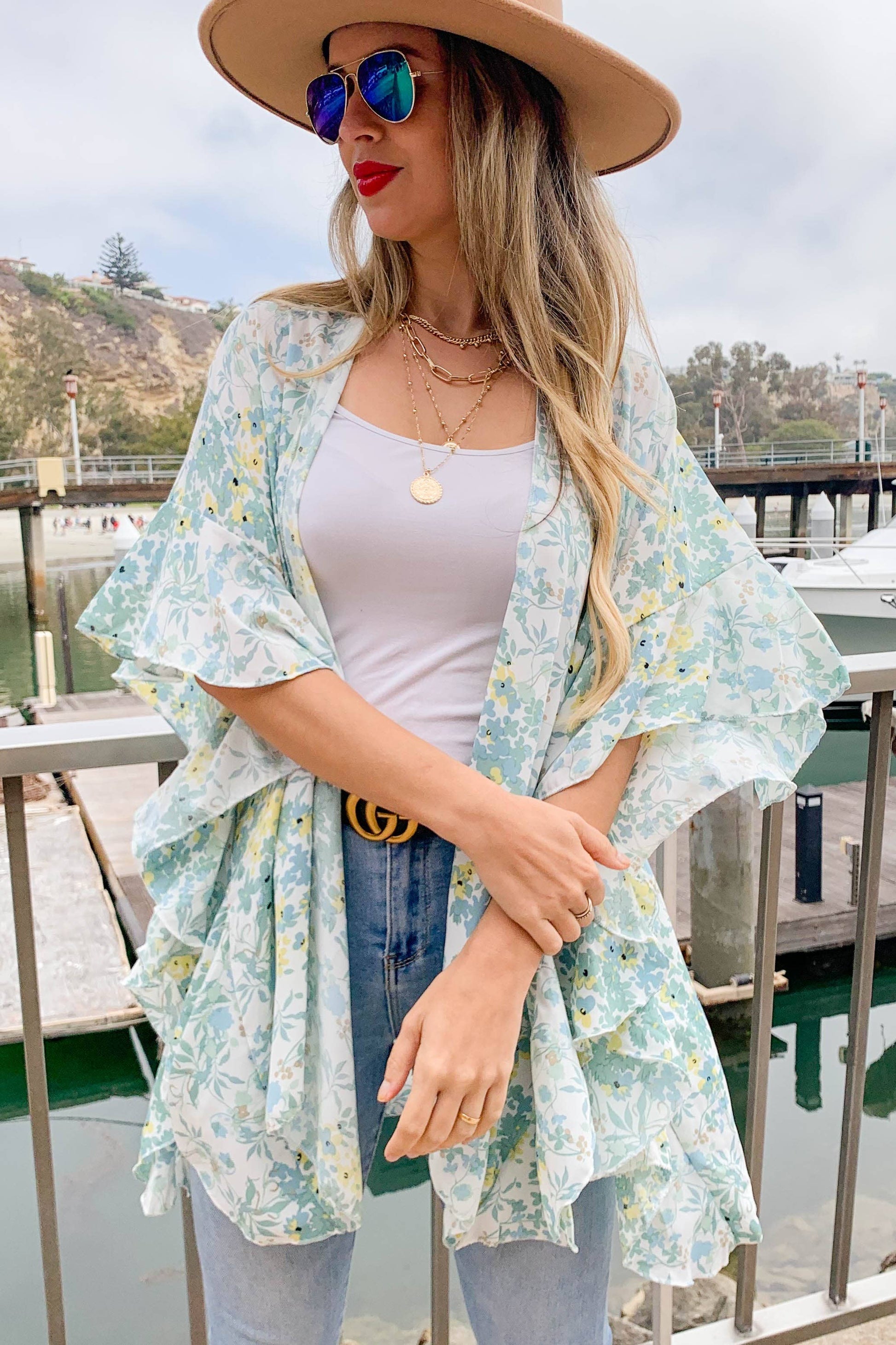 Sage Floral Printed Ruffle Sleeve Chiffon Kimono Cover Up - Mellow Monkey