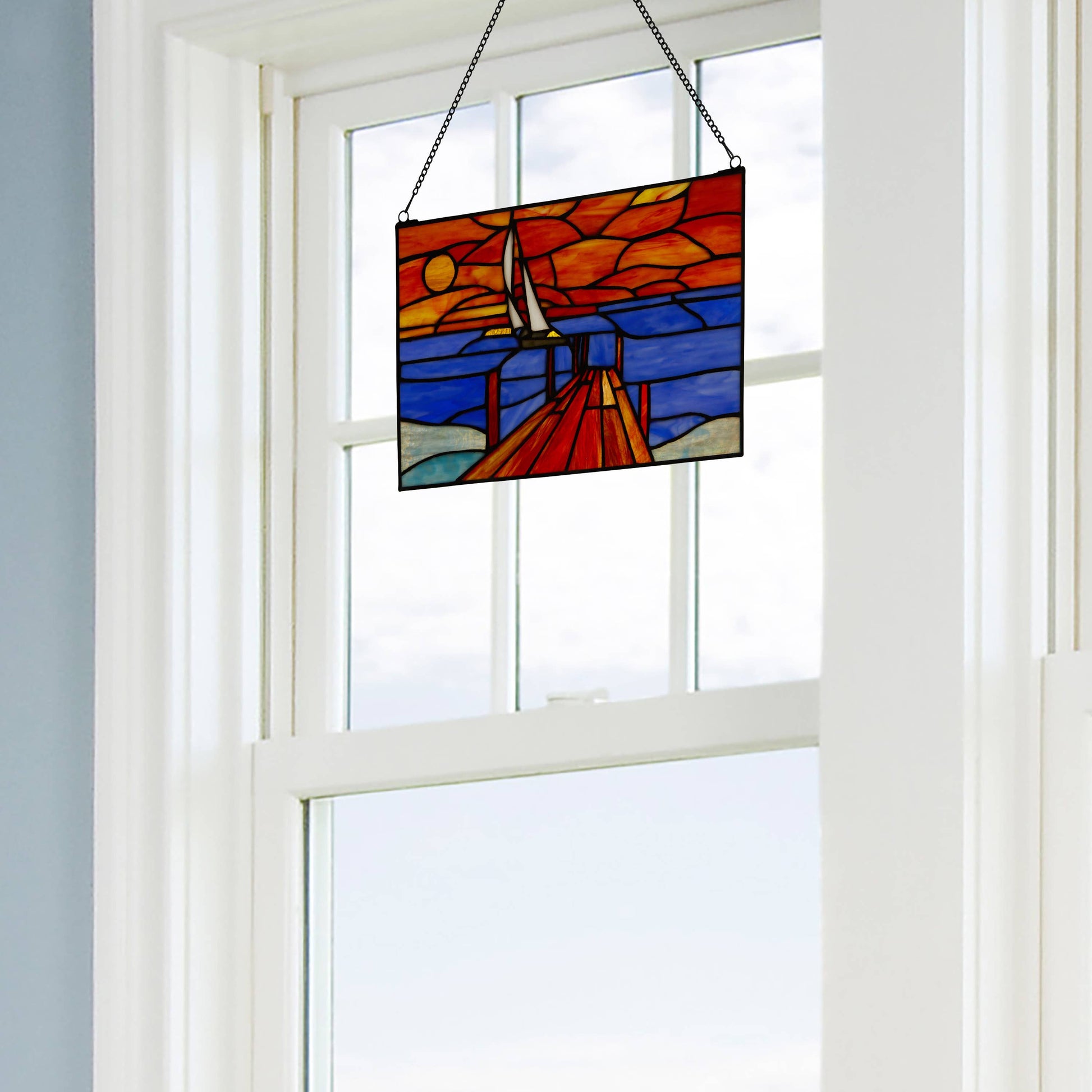 Sailboat Orange & Blue Stained Glass Window Panel - 14-in - Mellow Monkey