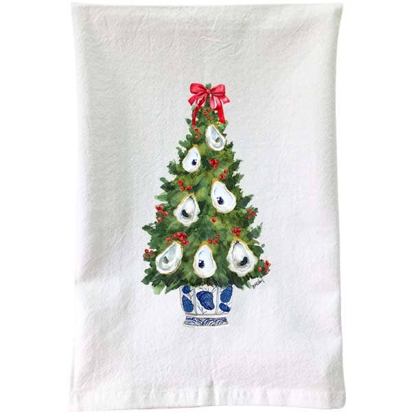 Blue & White Oyster Christmas Tree Flour Sack Towel - Mellow Monkey
