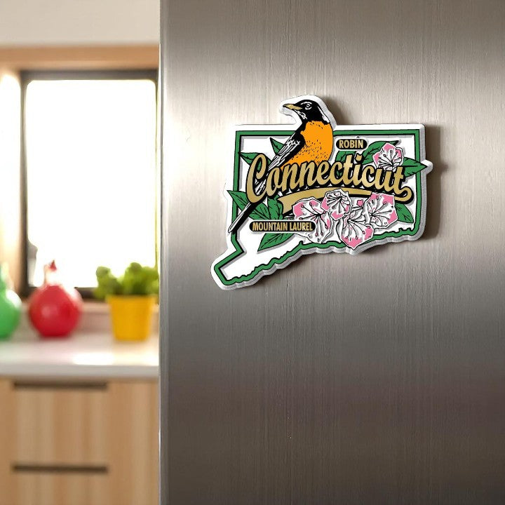 Connecticut State Bird and Flower Map Magnet - 3-in - Mellow Monkey