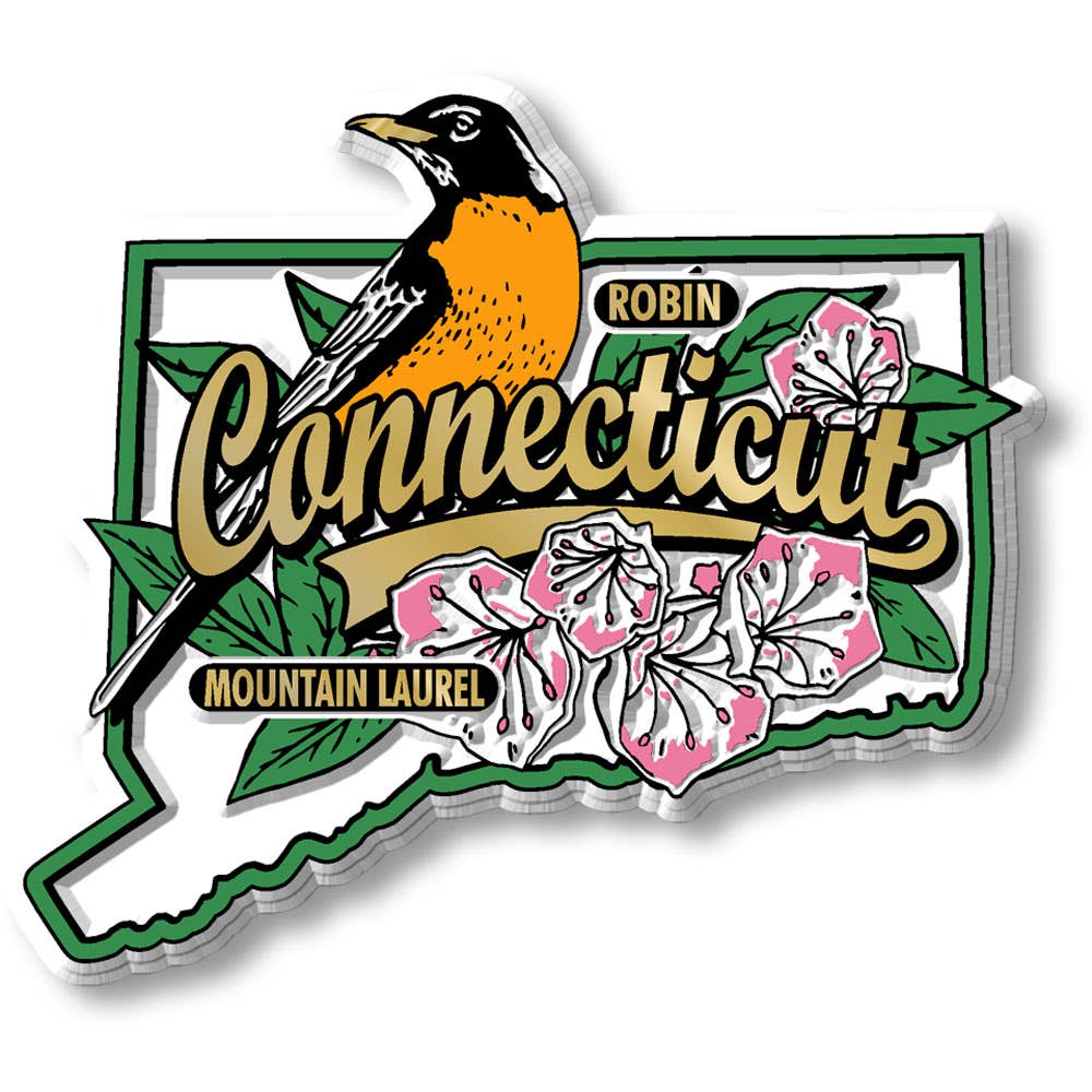 Connecticut State Bird and Flower Map Magnet - 3-in - Mellow Monkey