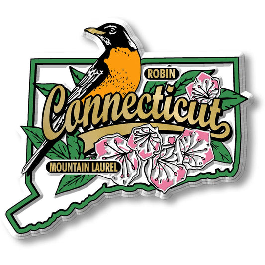 Connecticut State Bird and Flower Map Magnet - 3-in - Mellow Monkey