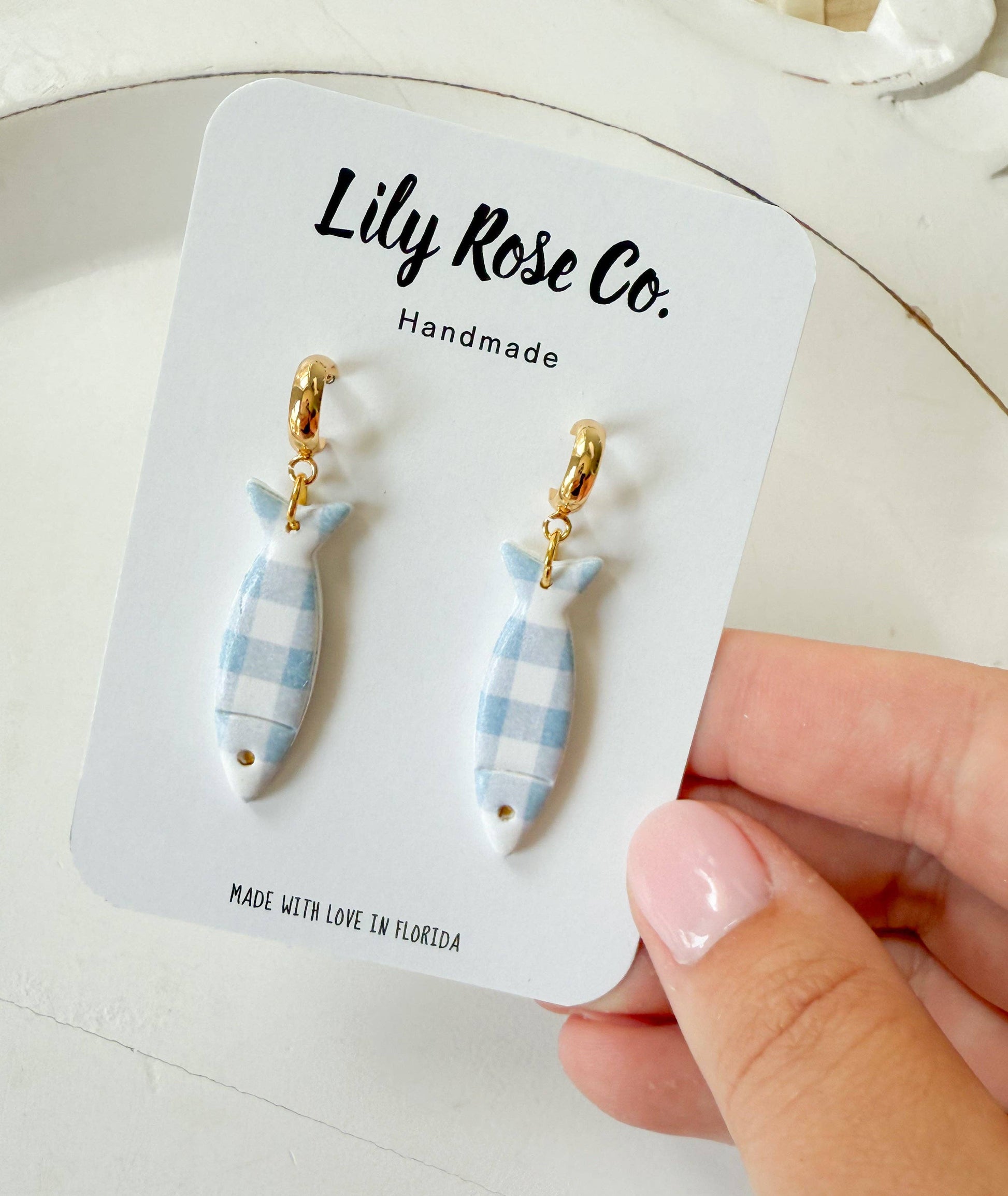 Blue Gingham Clay Fish Earrings - Mellow Monkey