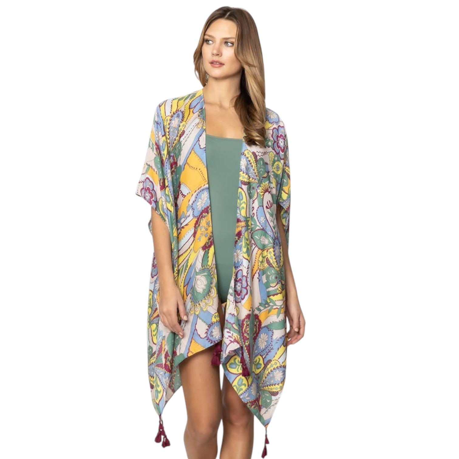 Paisley Print Tassel Summer Kimono Cover Up - Beige - Mellow Monkey