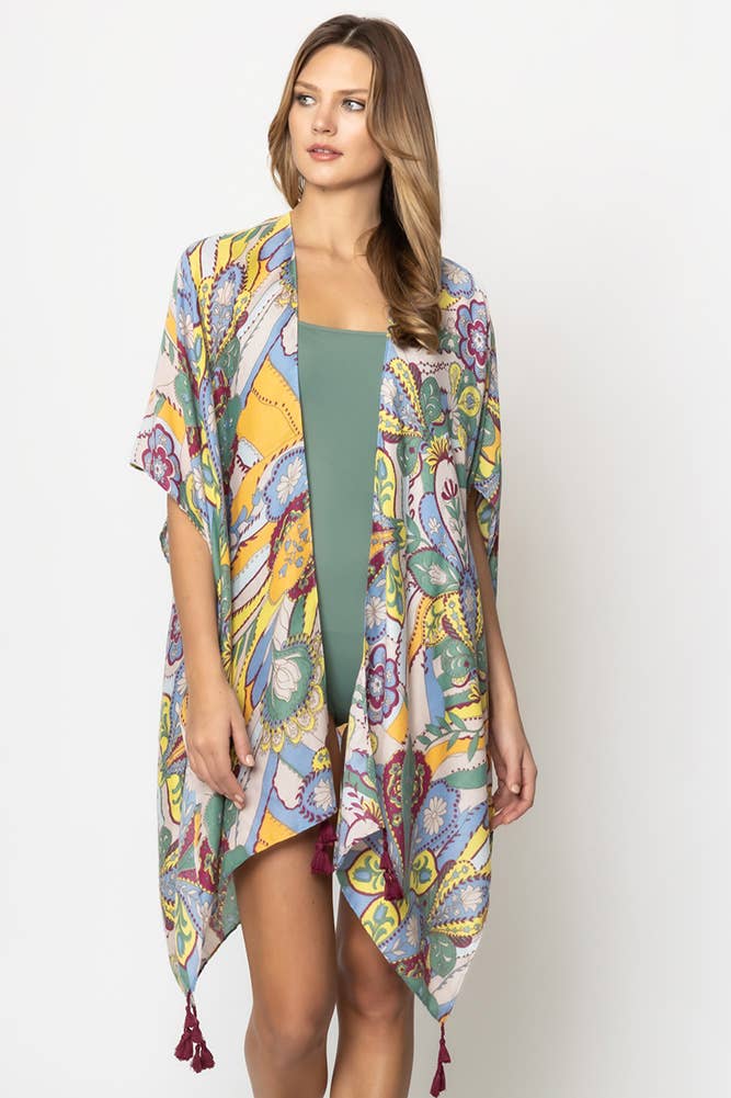 Paisley Print Tassel Summer Kimono Cover Up - Beige - Mellow Monkey