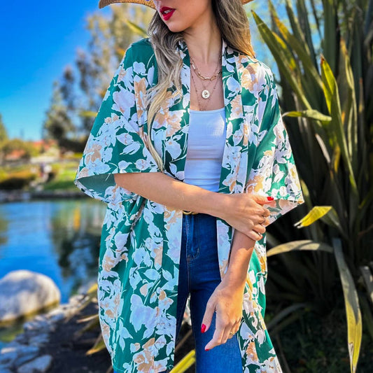 Coral Solid Leopard Trim Detail Kimono Cardigan