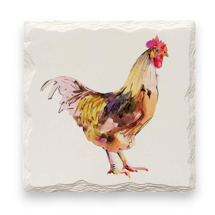 Watercolor Rooster - Ceramic Connecticut Coaster - 4-1/4-in - Mellow Monkey