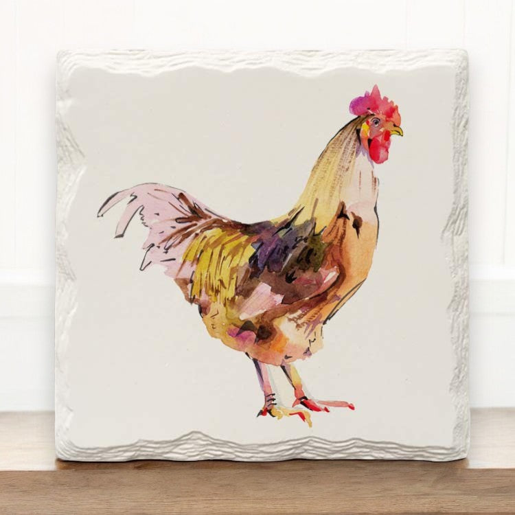 Watercolor Rooster - Ceramic Connecticut Coaster - 4-1/4-in - Mellow Monkey