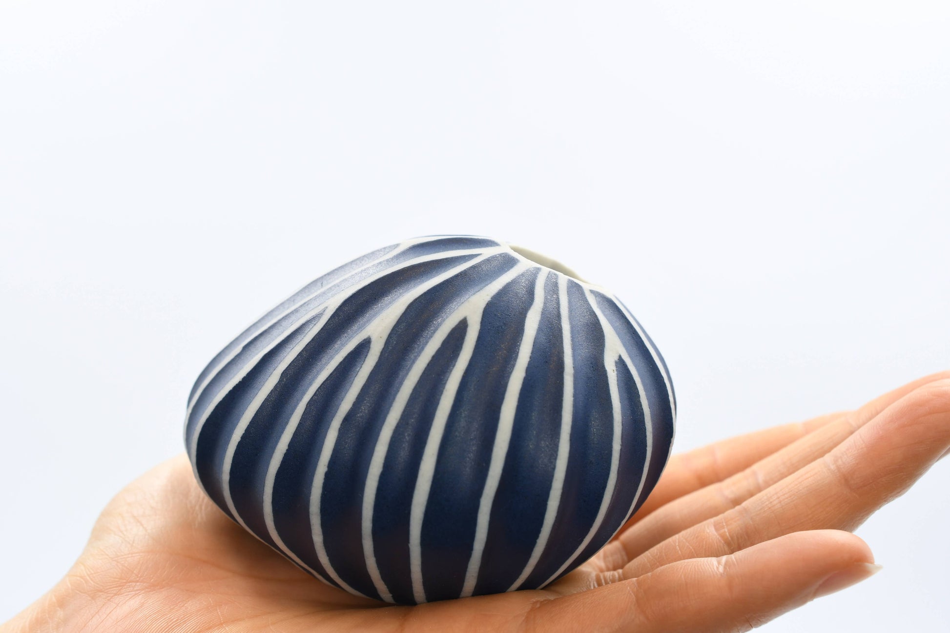 Mini Pebble - Handcrafted Porcelain Bud Vase - Navy with White Stripes - 3.4 x 2.6 x 2.4 in - Mellow Monkey