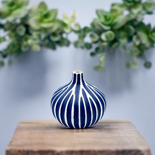 Congo Porcelain Bud Vase - Blue Thick Lines - 3.35"H x 3.15"W