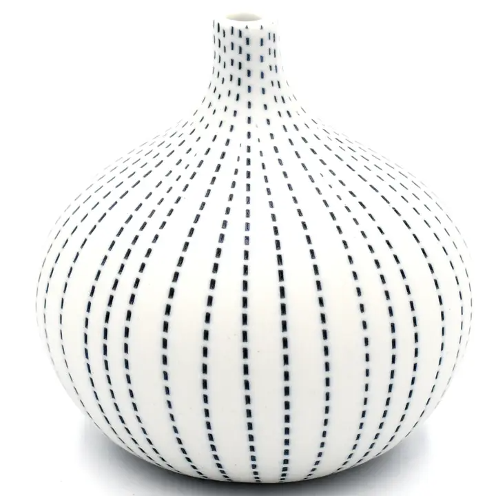 Congo Porcelain Bud Vase - White with Blue Dotted Stripes - 3.35"H x 3.15"W - Mellow Monkey