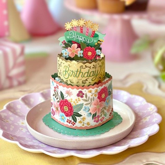 Freshcut Paper Mini Blooming BIrthday Cake Pop-Up Greeting Card - Mellow Monkey
