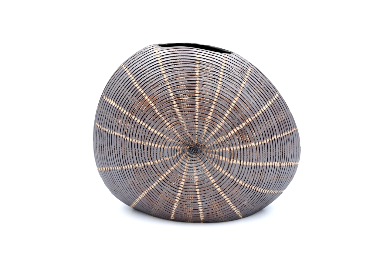 Diva Round - Handcrafted Porcelain Bud Vase - Taupe with Cream Lines - 4.7 x 2.4 x 4 in - Mellow Monkey