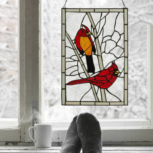 Annabelle Red Cardinals Stained Glass Window Panel - 18-1/2-in x 12-in