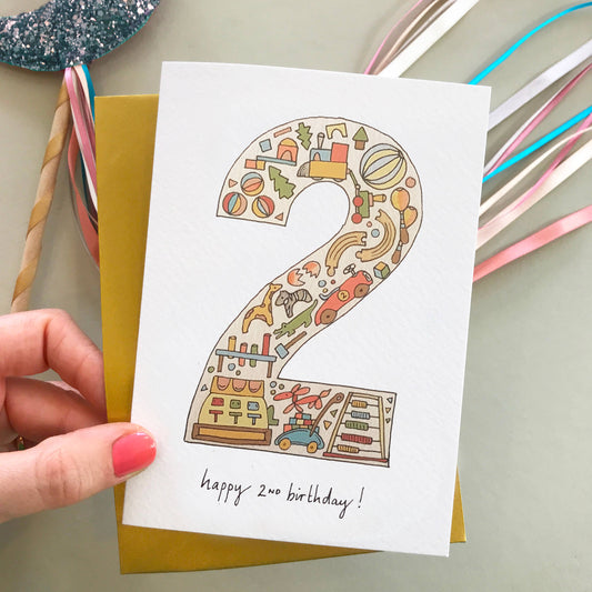 2nd Birthday Card - Hand Illustrated Vintage Style - Mellow Monkey