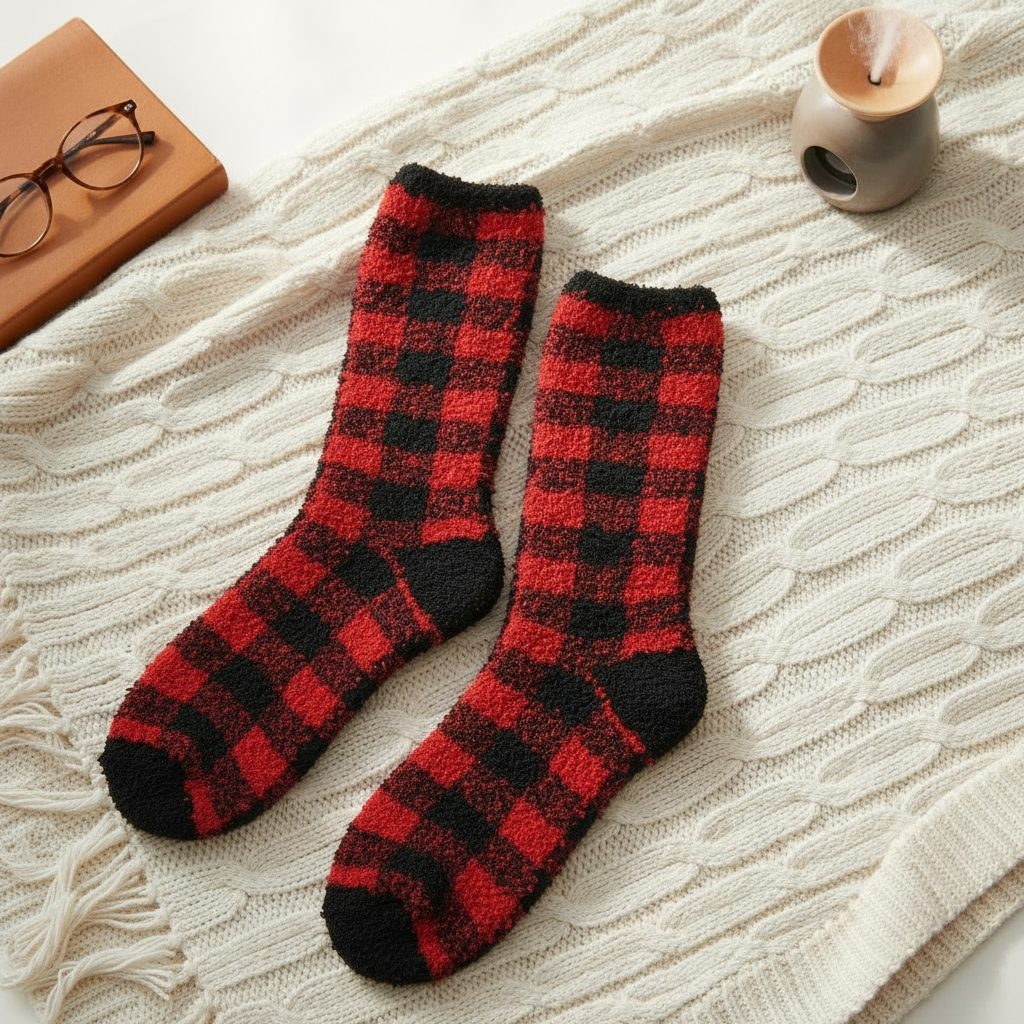 Mellow Monkey red and black buffalo plaid fuzzy crew socks on a cream cable knit blanket with glasses and a diffuser.
