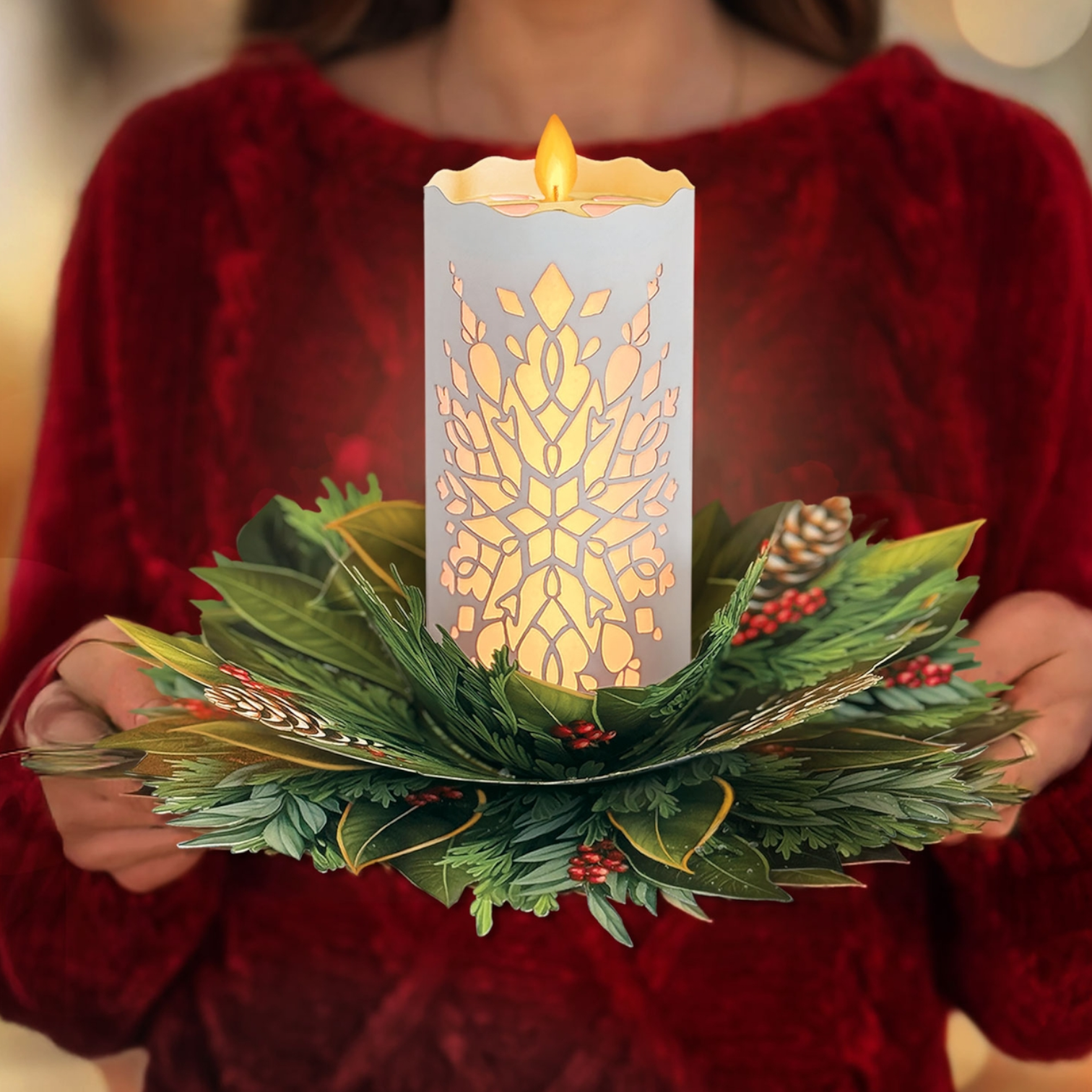 FreshCut Paper Holiday Candle with Lights - 8-in Pop Up Greeting Card - Mellow Monkey