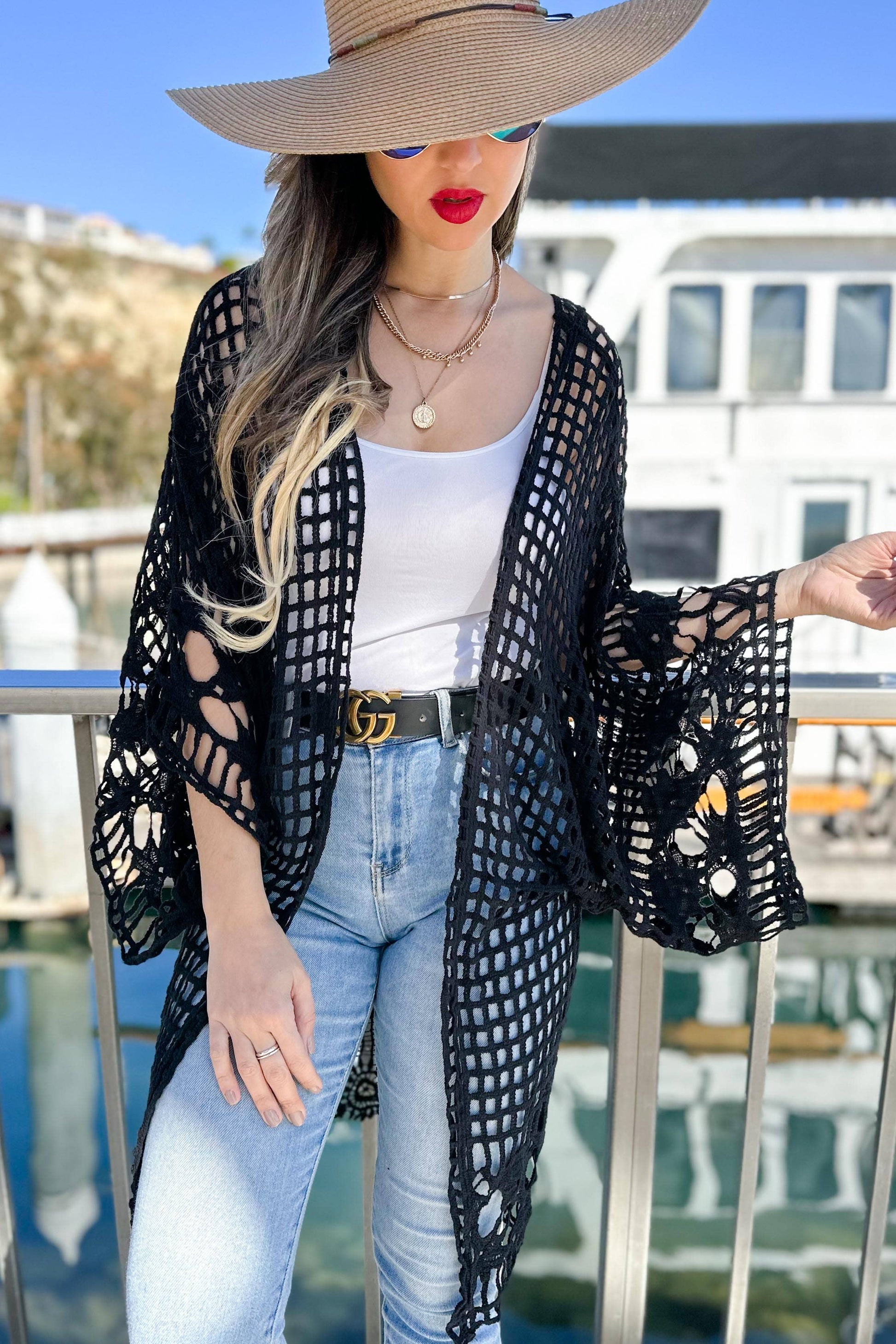 Black Floral Crochet Wide Sleeve Knitted Kimono Cardigan - Mellow Monkey