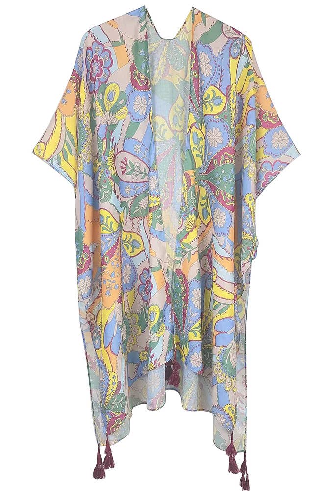 Paisley Print Tassel Summer Kimono Cover Up - Beige - Mellow Monkey