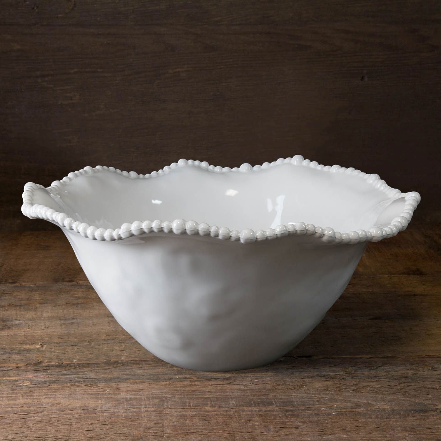 Mellow Monkey VIDA Alegria large white melamine serving bowl with beaded rim, perfect for salads or fruit.
