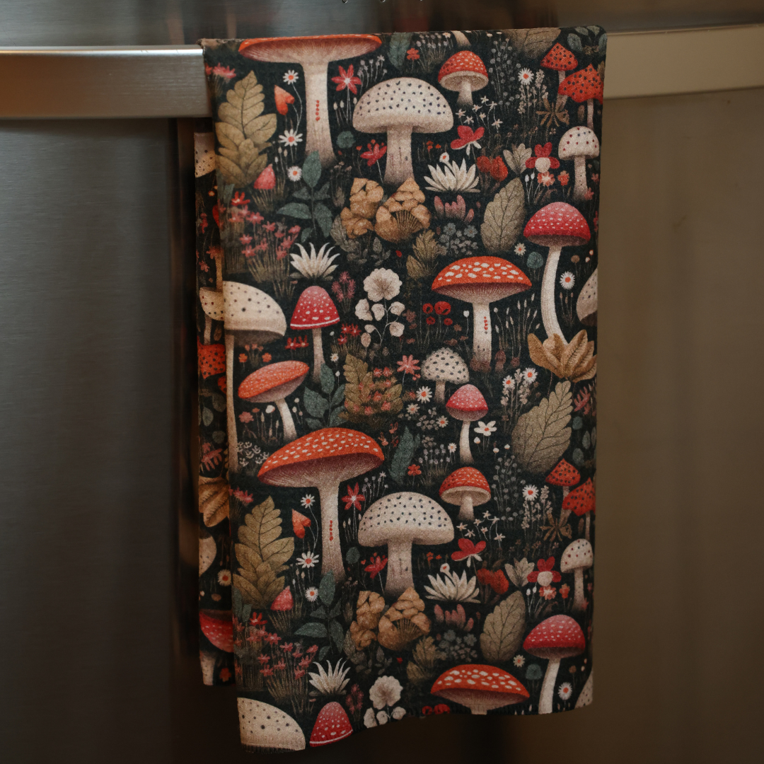 Black Mushrooms - Recycled - Waffle Dish Towel - Mellow Monkey