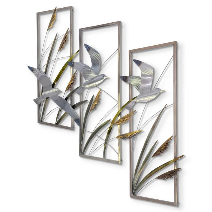 Seagulls and Sea Oats Triptych Metal Wall Art - 45-in - Mellow Monkey