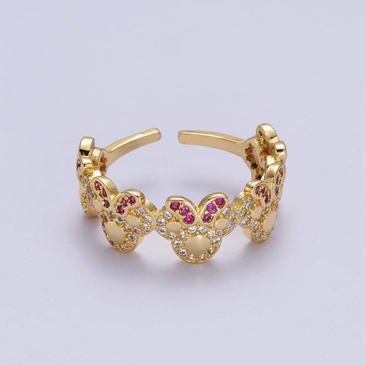 Dainty Cute Micro Pave Gold Bowed Mouse Adjustable Ring O184 - Mellow Monkey