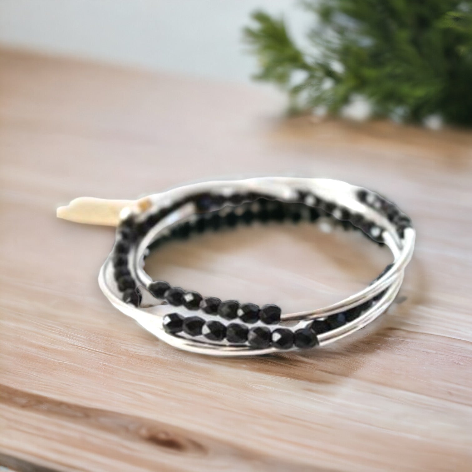 Triple Wrap Bracelet - Silver Tube and Black Beads - Mellow Monkey