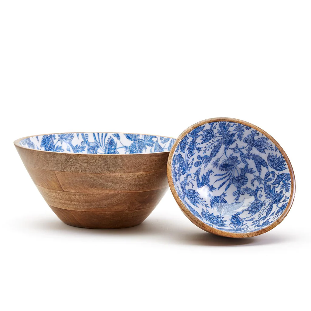 Set of two hand-crafted mango wood bowls enameled in an attractive blue and white floral design