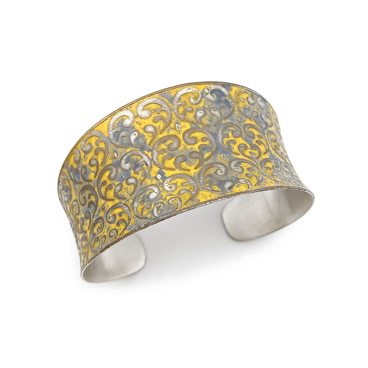 Yellow Floral Scrollwork - Brass Patina Adjustable Cuff Bracelet - Mellow Monkey