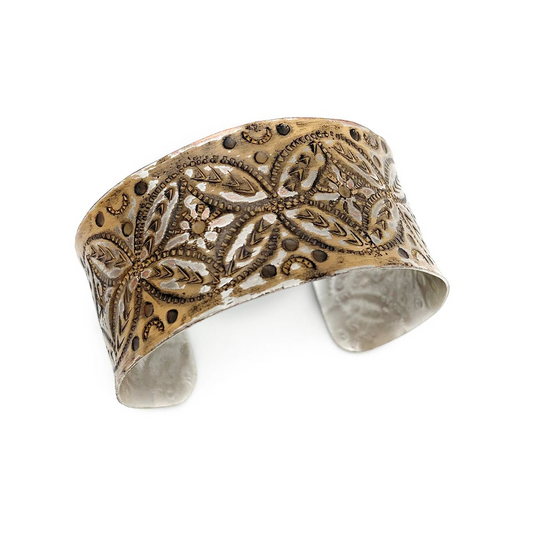 Leaf Pattered Tan - Silver Plated Adjustable Cuff Bracelet - Mellow Monkey