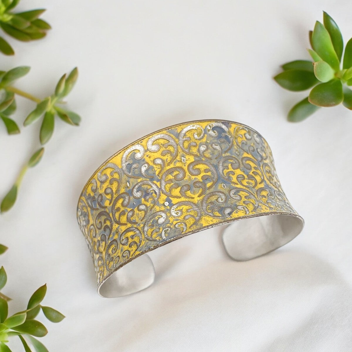 Yellow Floral Scrollwork - Brass Patina Adjustable Cuff Bracelet - Mellow Monkey