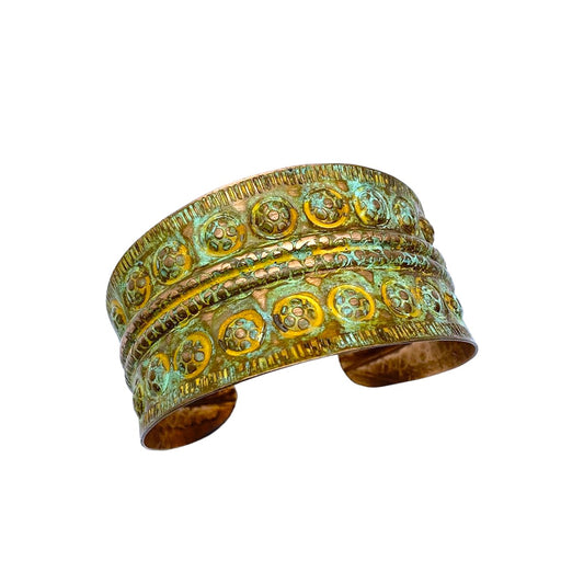 Chartreuse Band and Circles Copper Patina Adjustable Cuff Bracelet - Mellow Monkey