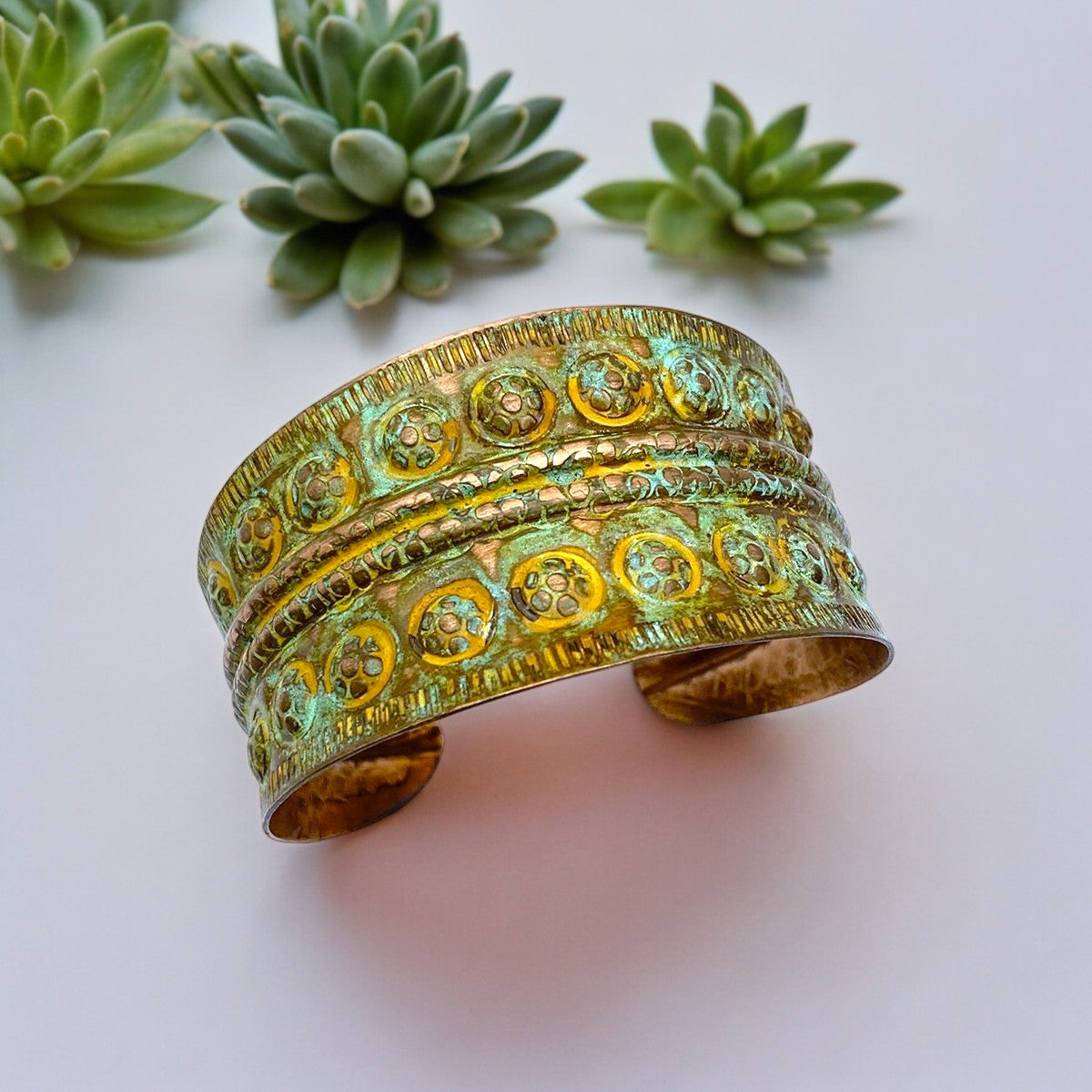 Chartreuse Band and Circles Copper Patina Adjustable Cuff Bracelet - Mellow Monkey