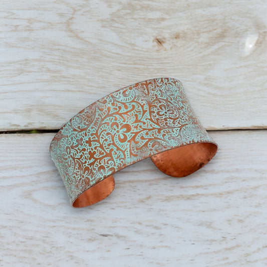 Aqua Floral Paisley Scrollwork - Brass Patina Adjustable Cuff Bracelet - Mellow Monkey