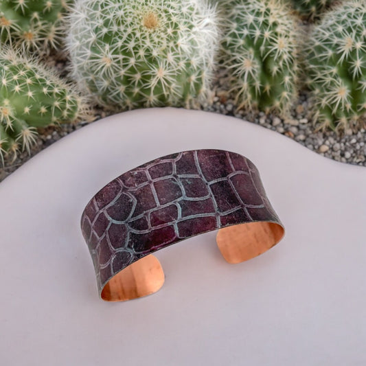 Dark Purple Crocodile Copper Patina Adjustable Cuff Bracelet - Mellow Monkey