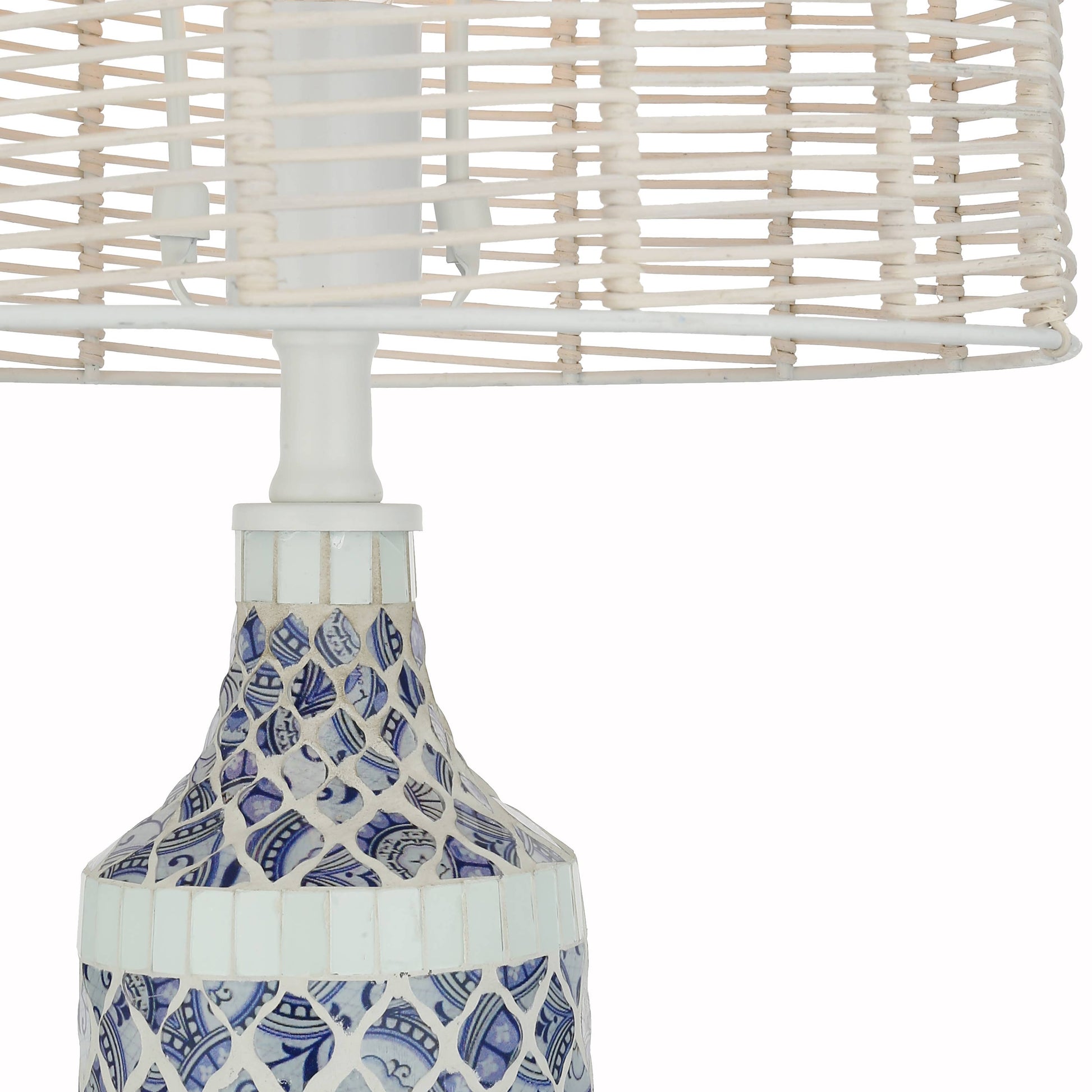 Nantucket Blue-White Mosaic & Rattan Table Lamp - 25-in - Mellow Monkey